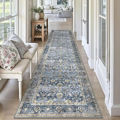 KUTA Vintage Washable Runner Rug, 2.6x10 Blue Grey Beige Runners for Hallways Non-Slip Kitchen Rugs Ultra Thin Soft Printed Distressed Oriental Floral Floor Carpet for Laundry Living Room Nursery