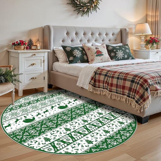 Abstract Living Room Rug Round 6FT - Modern Washable Christmas Soft Thin Area Rug for Living Room Bedroom Under Dining Table - Neutral Indoor Floor Rug Carpets for Home Office Playroom Nursery - Green