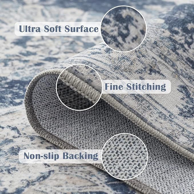 jinchan Fiora Floral 2x3 Rug for Entryway - Vintage Washable Area Rug Ultra-Thin Low Pile Soft Small Non Slip Distressed Indoor Door mat Accent for Entrance Kitchen Bathroom Bedroom (2x3ft, Dark Blue)
