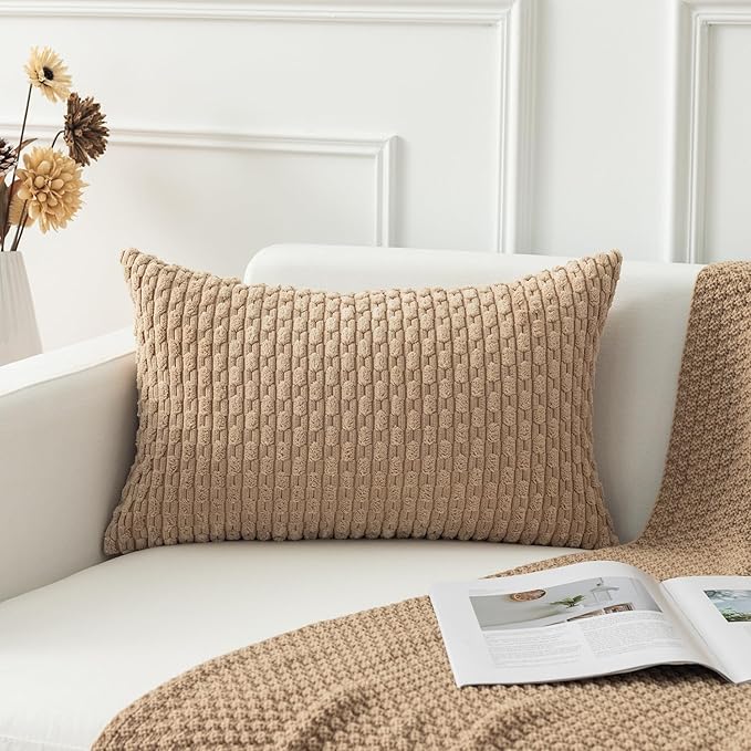 Kevin Textile 12x24 Inch Pillow Cover 1 Pack Boho Decorative Soft Striped Corduroy Lumbar Farmhouse Solid Color Accent Rectangle Cushion Case for Living Room Couch Sofa Bed, Tan