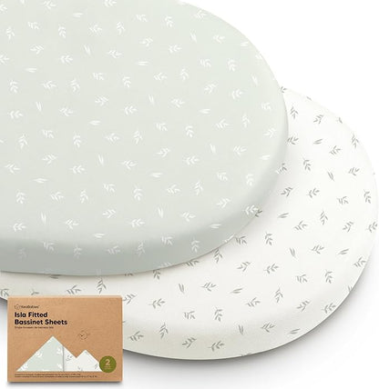 2-Pack Baby Bassinet Sheets Girl, Boy - 33x17 Viscose Derived from Bamboo Bedside Mattress Fitted Bassinet Sheets, Compatible with Halo Bassinest Swivel Sleeper, Baby Delight, Graco (Herb)