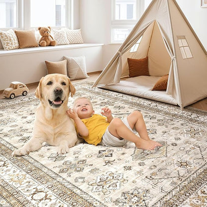 Vintage Living Room Area Rug 12x15 - Large Soft Washable Oriental Traditional Distressed Farmhouse Rugs for Bedroom - Indoor Floor Accent Carpet for Home Office House Decor - Beige