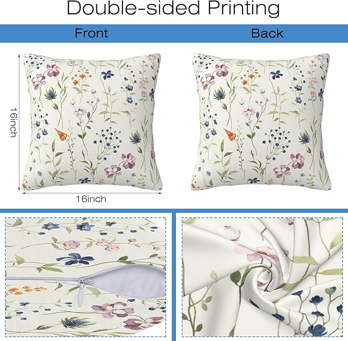 Throw Pillow Covers Spring Summer Floral Pillow Covers 16x16 Inch Set of 2 Watercolor Flowers Throw Pillows Decorative Pillow Cases Cushion Covers for Bedroom Livingroom Sofa Farm House