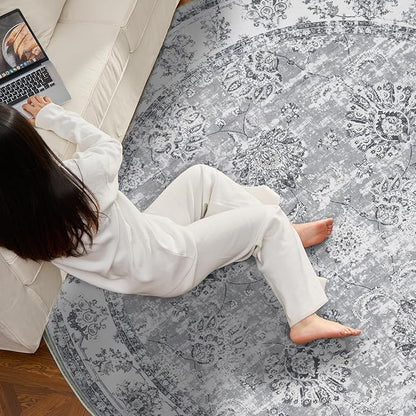 jinchan Fiora Round Rug 6ft Area Rug - Grey Vintage Floor Mat Indoor Ultra-Thin Soft Floral Print - Washable Circle 6' Retro Accent for Farmhouse Non Slip Dining Room Living Room Bedroom Office