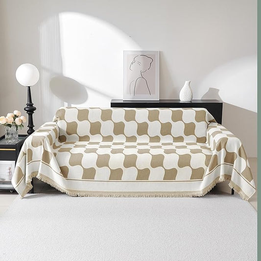 MEETSKY Oversized Sofa Cover Couch Cover for Sectional Sofa, Modern Jacquard Sofa Slipcover Loveseat Futon Cover, Pet Couch Cover Washable Couch Protector, Khaki Checkerboard