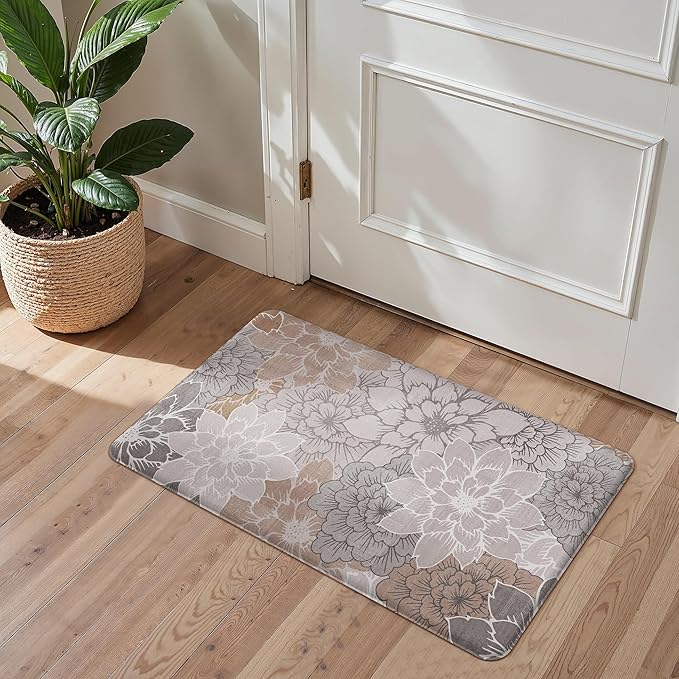 GENIMO Kitchen Mats for Floor, Kitchen Rugs Non Slip Washable Sets of 2, Waterproof Cushioned Anti Fatigue Mat, Floral Runner Rug for Laundry, Sink, Office, Home, 17.3"x47"+17.3"x30", Taupe Grey
