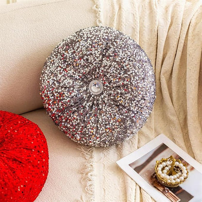 Round Throw Pillow, 13.7" Soft Glitter Sequin Pleated Pumpkin Decorative Round Pillow Circle Floor Pillow Cushions for Sofa Bed Chair Living Room Floor Home Decoration, Silver
