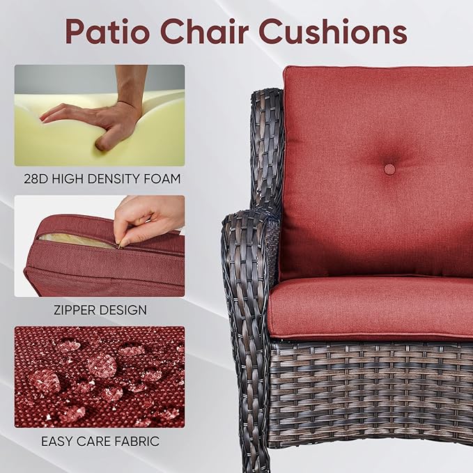 Patio Chair Cushions 5 Packs - Outside 22x24 High Back Water-Resistant Cushion with Zipper Cover for Outdoor Glider Rocking Chairs Loveseat 3-seat Couch Sofa – Red/Buckle