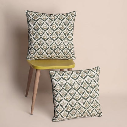 SheetKart Pure Cotton Throw Pillow Covers - Set of 2 - Hand Block Pure Cotton Printed Boho Decorative Pillow Covers - Cushion Covers for Living Room, Bohemian Theme, 19 x 19 Inches, Sagewood Olive