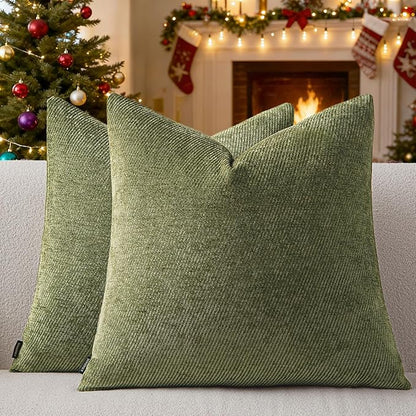 a moment Pack of 2 Decorative Christmas Chenille Throw Pillow Covers with Twill Cushion Covers for Sofa Living Room Couch Bed 20x20 Inch Moss Green