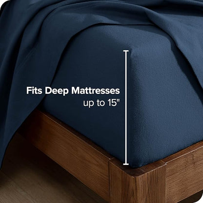 Bare Home Flannel Fitted Bottom Sheet 100% Cotton, Velvety Soft Heavyweight - Double Brushed Flannel - Deep Pocket (Full, Dark Blue)