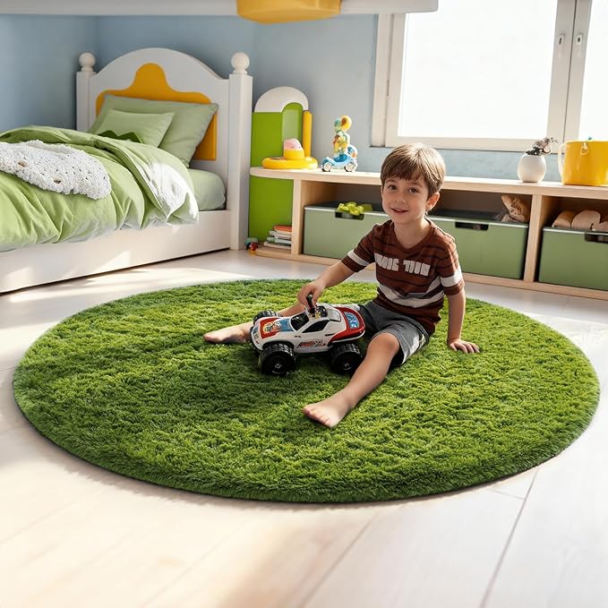 Ophanie Round Rug 5Ft Sage Green Circle Area Rug, Green Room Decor, Fluffy Fuzzy Bedroom Carpet, Plush Soft Shaggy Living Room Rugs for Kids Home Decor Aesthetic, Nursery