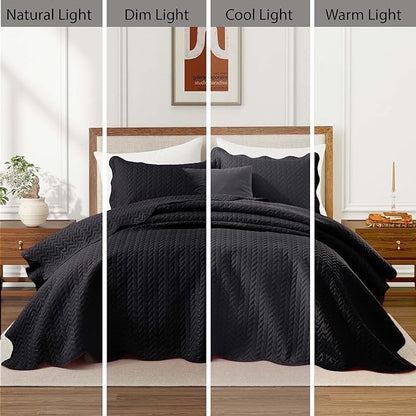 IR Imperial Rooms California King Quilt Bedding Set Size (118"x106") + 2 Pillow Shams (20" x 36"+ 2") - 3 Pcs All Season Reversible Microfiber Coverlet Embossed Quilt Bedspread (Black)
