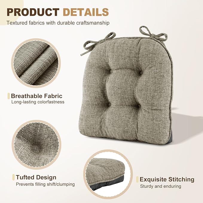 downluxe Indoor Chair Cushions for Dining Chairs, Tufted Overstuffed Textured Memory Foam Kitchen Chair Pads with Ties and Non-Slip Backing, 15.5" x 15.5" x 4", Khaki, 4 Pack