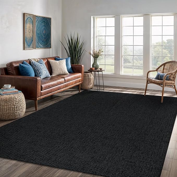 Easy Jute Rug 9x12 Indoor Outdoor Natural Rugs Solid Fiber Rug Woven Area Rug Boho Easy Clean Inside Carpet for Living Room Bedroom Dining Room Hallway or Outdoor Patio Porch (9 X 12 Dark Grey)