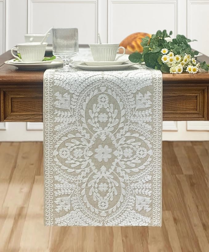 KEVA Boho Table Runner 54inches Long, Farmhouse Rustic Vintage White Embroidered Table Runners 13x54 Inch for Dining Table Decorations