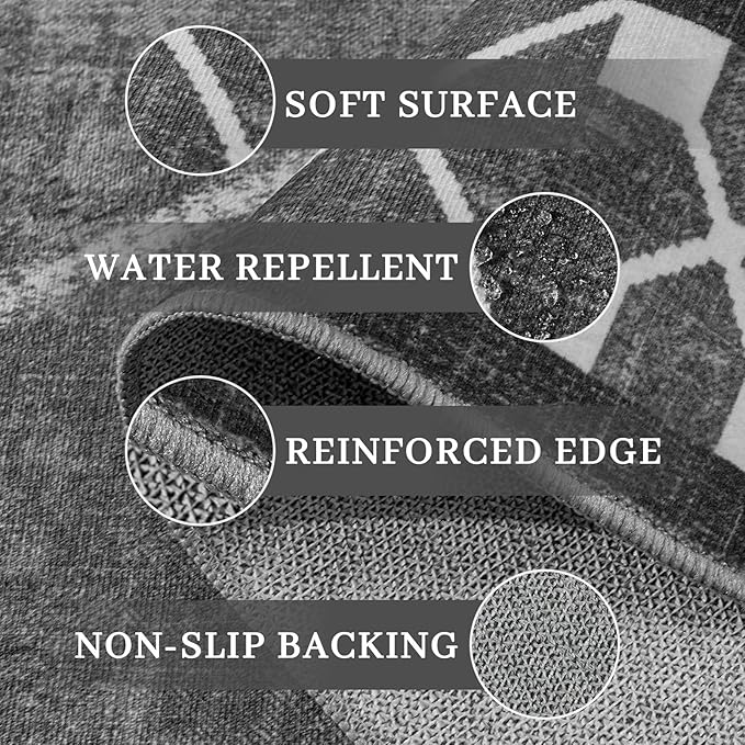 Washable Area Rugs 8x10, Non-Slip Rugs for Living Room Bedroom, Low Pile Large Soft Alfombras, Modern Bordered Home Floor Rugs for Kids Playroom Office Dining Room Farmhouse, Dark Grey