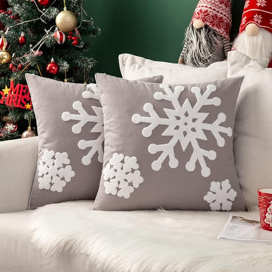MIULEE Pack of 2 Christmas Decorative Snowflake Throw Pillow Covers Canvas Embroidery Winter Cushion Cases Holiday Decor Soft Pillowcases for Winter Couch Sofa Bedroom Car（Grey, 20x20in）