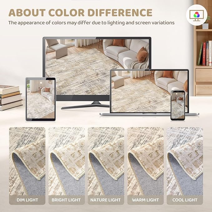 Area Rug for Living Room: 10x14 Washable Neutral Abstract Modern Soft Rugs Non Slip Indoor Floor Stain Resistant Large Carpet for Bedroom Dining Room Office Nursery - Golden Brown