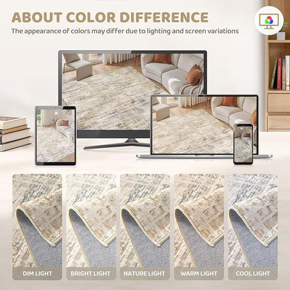 Area Rug for Living Room: 10x14 Washable Neutral Abstract Modern Soft Rugs Non Slip Indoor Floor Stain Resistant Large Carpet for Bedroom Dining Room Office Nursery - Golden Brown