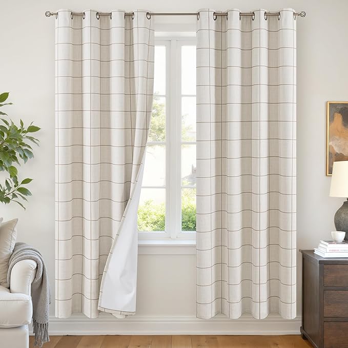 Brown Linen Blackout Curtains for Living Room - Plaid Patterned Curtains 72 Inch Long, Boho Black Out Thermal Insulated Drapes for Bedroom Grommet Style 52x72 Inch 2 Panels