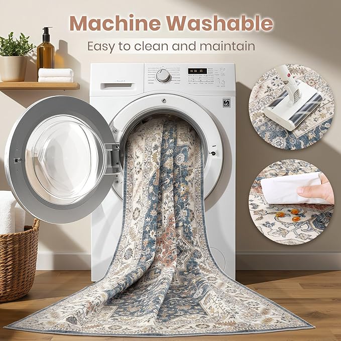 Vintage Living Room Area Rug 5x8 - Large Soft Washable Oriental Traditional Distressed Farmhouse Rugs for Bedroom - Indoor Floor Accent Carpet for Home Office House Decor - Vintage Blue