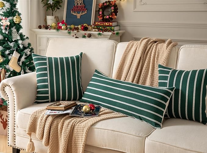 Boho Lumbar Throw Pillow Cover 14X36 Long Soft Farmhouse Decorative Couch Pillow Cases Dark Green Striped Body Pillow Covers Neutral Cushion Covers for Sofa Bed Living Room Home Decor Pack of 1