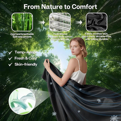 MR&HM Twin XL Fitted Sheet Only, Ultra-Soft Rayon Derived from Bamboo & Polyester Blend, Silky & Breathable, 15" Deep Pocket with Elastic Straps, Cooling Fitted Sheet for Hot Sleepers, Black