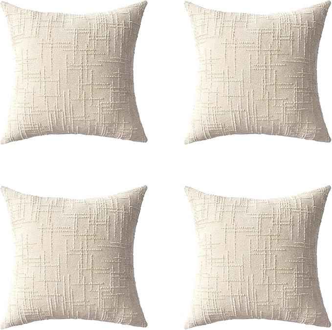 Decorative Throw Pillow Covers 20x20 Inch Set of 4, Soft Solid Farmhouse Chenille Couch Pillows, Spring Pillow Covers for Couch Sofa Bed Living Room Home Decor Pillowcase, Cream White