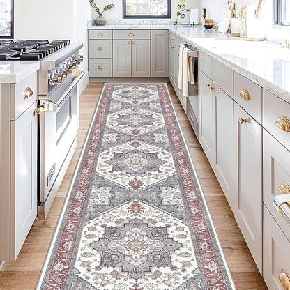 OPPODREAM Thin Entryway Rug 2x10, 2x10 Rug Runner, Washable Hallways Carpet 2 x 10 with Non Slip Backing, Low-Pile Bedside Carpet 2 x 10, Long, Faux Cashmere, Red & Grey