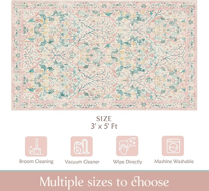 MUJOO 3x5 Pink Rug Washable,Floral Area Rug for Bedroom Office Entryway Living Room Bedside,Small Throw Carpet Boho Non Slip Indoor Floor Botanical Vintage Ultra-Thin