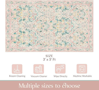 MUJOO 3x5 Pink Rug Washable,Floral Area Rug for Bedroom Office Entryway Living Room Bedside,Small Throw Carpet Boho Non Slip Indoor Floor Botanical Vintage Ultra-Thin