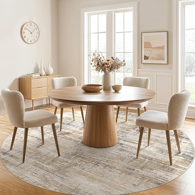 8ft Round Area Rug for Living Room: 8x8 Washable Neutral Abstract Modern Soft Rugs Non Slip Indoor Floor Stain Resistant Carpet for Bedroom Dining Room Office Nursery - Golden Brown
