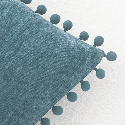 CaliTime Throw Pillow Covers Decorative 16 X 16 Inches Pack of 2 Cozy Solid Dyed Soft Chenille Cushion Cases with Pom Poms for Couch Sofa Bed Living Room Home Smoke Blue