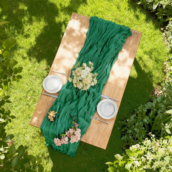 BALCONY & FALCON Emerald Green Cheesecloth Table Runner 10FT 120 Inch Rustic & Boho Farmhouse Gauze Cheese Cloth Runners for Wedding Fall Thanksgiving Christmas Party Baby Shower Birthday Decor