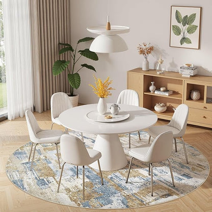 Abstract Living Room Rug 9x9 - Modern Washable Soft Thin Area Rug for Living Room Bedroom Under Dining Table - Neutral Indoor Floor Rug Carpets for Home Office Playroom Nursery - Blue Gold