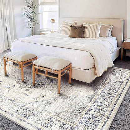 Washable Area Rug 9'x12' Floral Blue Boho Design Non-Shedding Easy Care Ideal for High Traffic Areas in Living Room Bedroom Office Coffee Table Kitchen Large Carpet
