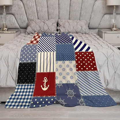 Nautical Blanket Vintage Coastal Rustic Red Blue White Polka Dot Stripe Anchor Patchwork Soft Cozy Lightweight Throw Blanket for Women Men Bedroom Living Room Dorm Chair Sofa Travel 60x80in