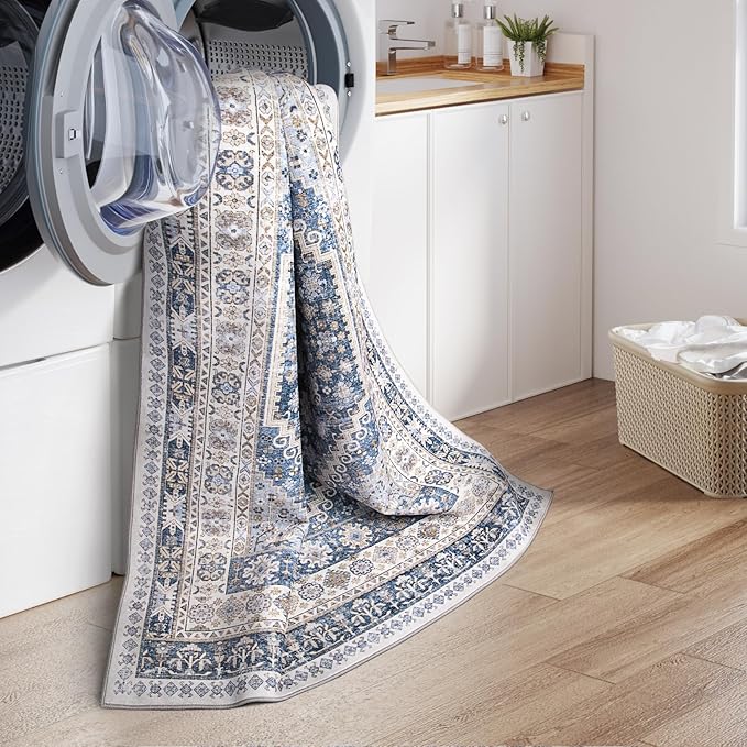 zesthome 9x12 Area Rugs,Stain Resistant Washable Rug,Ultra-Thin Rugs for Living Room,Bedroom,Non-Slip Backing Home Decor Large Area Rug (Blue/Beige,9'x12')