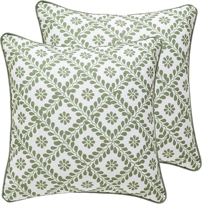 ISAENNE Design Fresh Linen Square Throw Pillow Covers 18"x18" Pack of 2, French White Cottage Cushion Covers with Green Branches Pattern Decoration Pillowcases for Bed,Living Room,Outdoor,Car