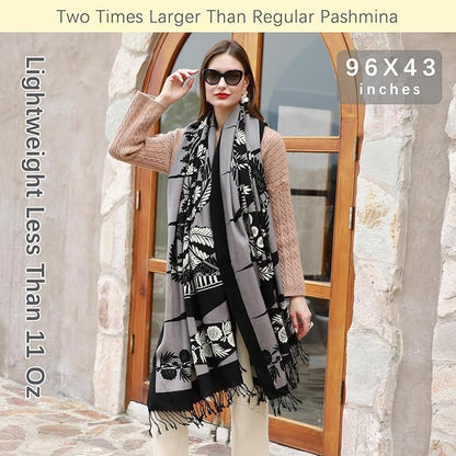 DANA XU 100% Merino Wool Extra Large Pashmina Blanket Travel Scarf Cashmere Wrap for Women Fall Winter Oversize Shawl Floral