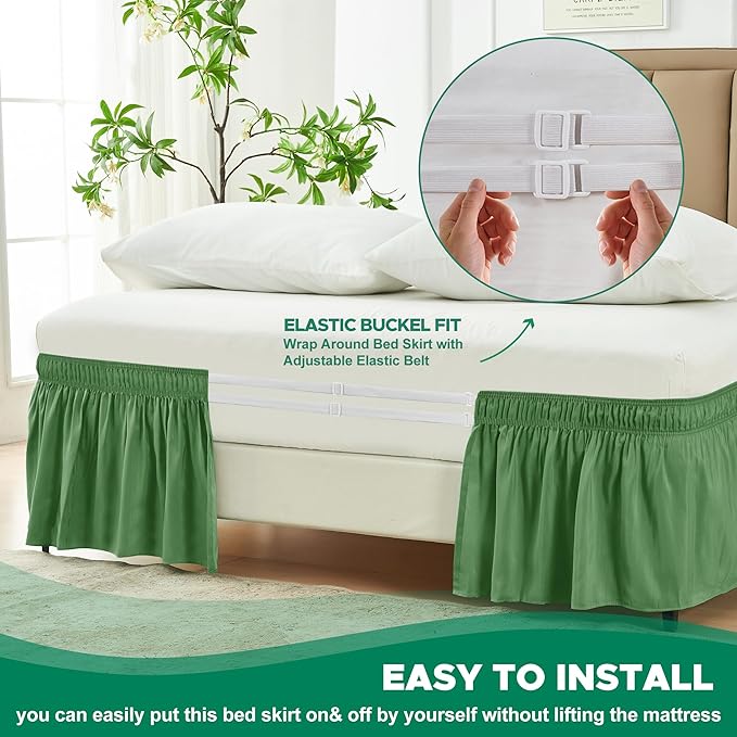 Biscaynebay Wrap Around Bed Skirts for Queen Beds 17" Long Drop, Sage Adjustable Elastic Dust Ruffles Easy Fit Wrinkle Resistant Silky Luxurious Fabric Machine Washable