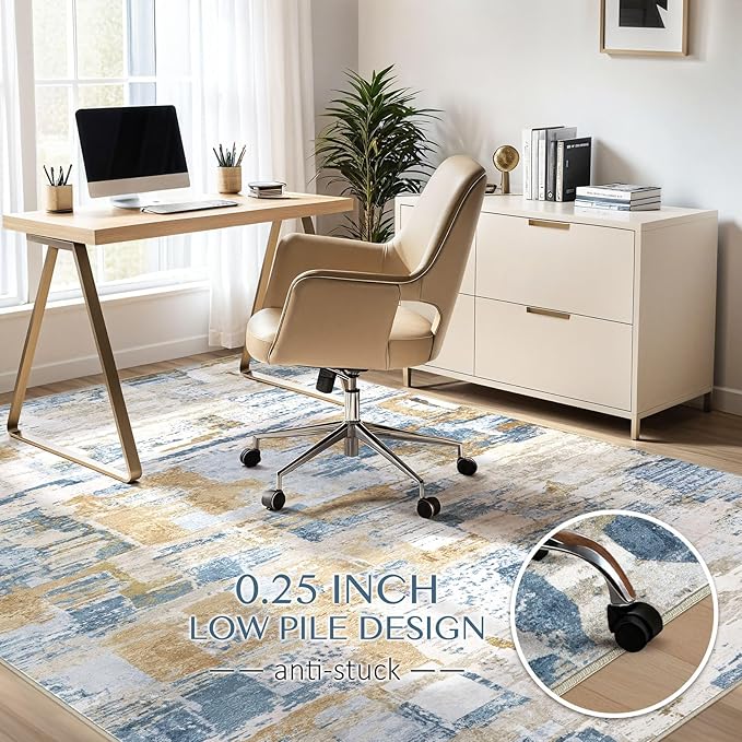 Abstract Living Room Rug 5x8 - Modern Washable Soft Thin Area Rug for Living Room Bedroom Under Dining Table - Neutral Indoor Floor Rug Carpets for Home Office Playroom Nursery - Blue Gold