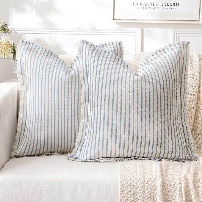 MIULEE Pack of 2 Light Blue Pillow Covers 24x24 Inch Striped Farmhouse Couch Throw Pillow Covers with Fringe Chic Cotton Decorative Cushion Eruo Sham for Sofa Living Room Bed Outdoor Home Decor