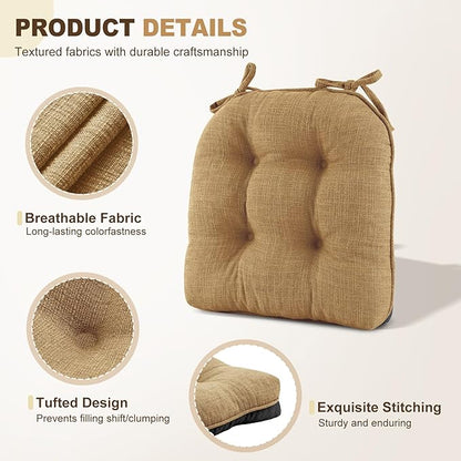 downluxe Indoor Chair Cushions for Dining Chairs, Tufted Overstuffed Textured Foam Kitchen Chair Pads with Ties and Non-Slip Backing, 15.5" x 15.5" x 4", Taupe, 4 Pack
