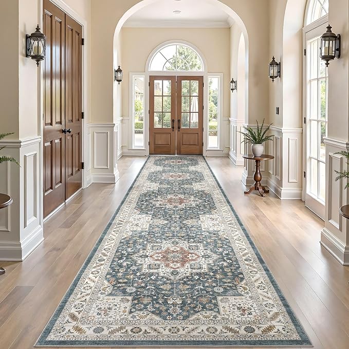 Vintage Hallway Runner Rug 3x12: Large Soft Washable Entryway for Kitchen Laundry Room Non-Slip Backing Runner for Entrance Living Room Bedroom Bathroom - Vintage Blue