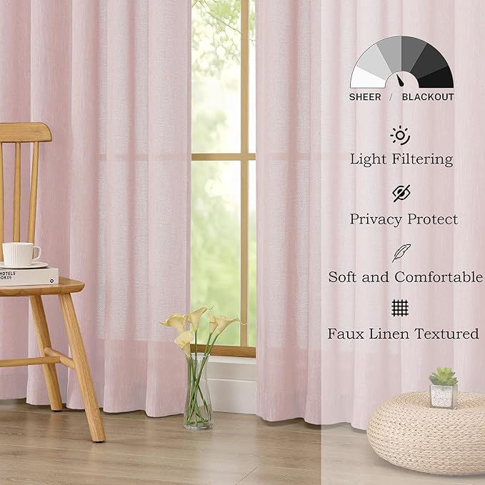 Simplebrand Blush Semi Sheer Faux Linen Textured 120 Inches Long Curtains 2 Panels Set, Privacy Farmhouse Window Drapes for Living Room/Birthday Party/Hallway Window Guest Room, 10FT, 50 x 120 Inch