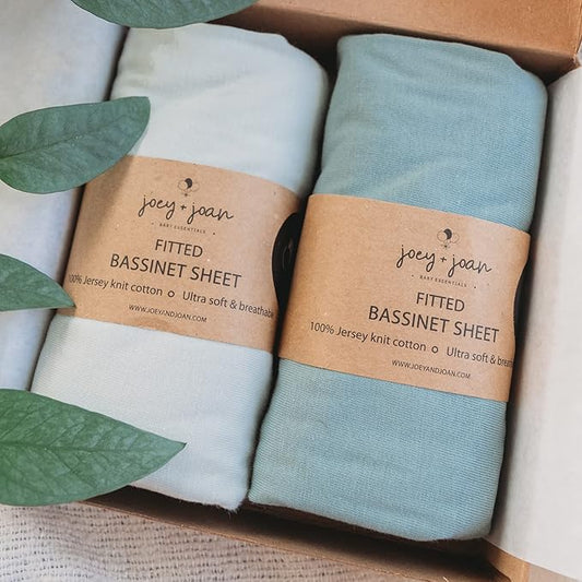 Joey + Joan Bassinet Sheets for Chicco LullaGo Nest & Primo, Close to You 3-in-1, Next2Me - Soft 100% Cotton - Light + Dark Sage Green - 2 Pack