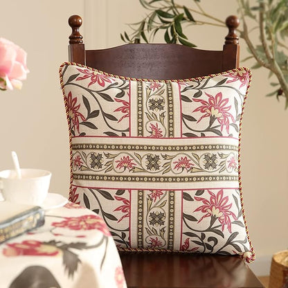 patdrea Designer Throw Pillow Covers,Vintage Red Linen Pillowcases with Leaves and Flower Pattern Pillows Cover for Couch,Decorative Square Cushion for Bed Living Room Outdoor Car,18X18 Inches
