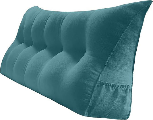 Triangular Reading Bed Rest Pillow Large Bolster Cushion Headboard Backrest Wedge Pillow with Removable Cover and Two Large Side Pockets (Teal Blue, King: 78 x 8 x 20 inches)